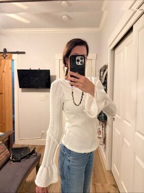NWOT Free people White Ribbed Knit Top with crochet Bell Sleeves